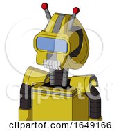 Poster, Art Print Of Yellow Droid With Droid Head And Teeth Mouth And Large Blue Visor Eye And Double Led Antenna