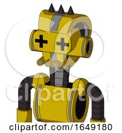 Poster, Art Print Of Yellow Droid With Droid Head And Pipes Mouth And Plus Sign Eyes And Three Dark Spikes