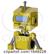 Poster, Art Print Of Yellow Droid With Cube Head And Round Mouth And Large Blue Visor Eye And Single Antenna