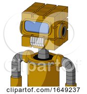 Poster, Art Print Of Yellow Droid With Cube Head And Teeth Mouth And Large Blue Visor Eye