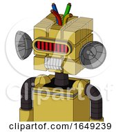 Poster, Art Print Of Yellow Droid With Cube Head And Teeth Mouth And Visor Eye And Wire Hair