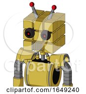 Poster, Art Print Of Yellow Droid With Cube Head And Vent Mouth And Black Glowing Red Eyes And Double Led Antenna