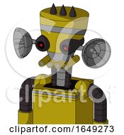 Poster, Art Print Of Yellow Automaton With Vase Head And Pipes Mouth And Black Glowing Red Eyes And Three Dark Spikes