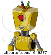Poster, Art Print Of Yellow Droid With Box Head And Happy Mouth And Cyclops Eye And Wire Hair