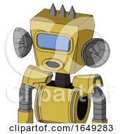 Poster, Art Print Of Yellow Droid With Box Head And Round Mouth And Large Blue Visor Eye And Three Spiked