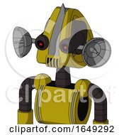 Poster, Art Print Of Yellow Automaton With Droid Head And Speakers Mouth And Black Glowing Red Eyes And Spike Tip