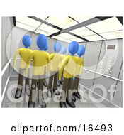 Blue People In The Same Uniforms Standing In An Elevator Symbolizing Teamwork Or Clones