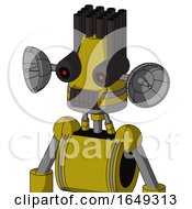 Poster, Art Print Of Yellow Automaton With Cone Head And Dark Tooth Mouth And Black Glowing Red Eyes And Pipe Hair