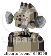 Poster, Art Print Of Tan Robot With Droid Head And Dark Tooth Mouth And Bug Eyes And Three Dark Spikes