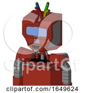 Red Automaton With Mechanical Head And Happy Mouth And Large Blue Visor Eye And Wire Hair