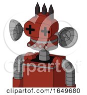 Poster, Art Print Of Red Automaton With Cone Head And Pipes Mouth And Plus Sign Eyes And Three Dark Spikes