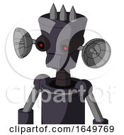 Purple Robot With Cylinder Conic Head And Speakers Mouth And Black Glowing Red Eyes And Three Spiked