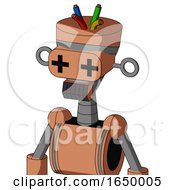 Peach Robot With Vase Head And Dark Tooth Mouth And Plus Sign Eyes And Wire Hair