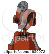 Orange Robot With Droid Head And Dark Tooth Mouth And Black Glowing Red Eyes And Radar Dish Hat