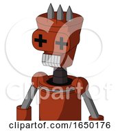 Orange Robot With Cylinder Conic Head And Teeth Mouth And Plus Sign Eyes And Three Spiked