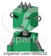 Green Automaton With Box Head And Sad Mouth And Angry Eyes And Three Spiked