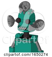 Green Automaton With Dome Head And Square Mouth And Two Eyes And Radar Dish Hat