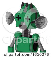 Green Automaton With Droid Head And Dark Tooth Mouth And Plus Sign Eyes And Three Dark Spikes