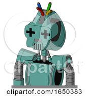 Greenish Mech With Droid Head And Speakers Mouth And Plus Sign Eyes And Wire Hair