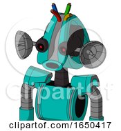 Greenish Robot With Droid Head And Round Mouth And Black Glowing Red Eyes And Wire Hair