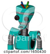 Greenish Robot With Vase Head And Sad Mouth And Red Eyed And Wire Hair