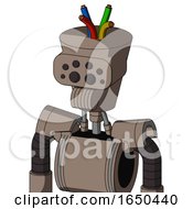 Gray Robot With Cylinder Conic Head And Speakers Mouth And Bug Eyes And Wire Hair
