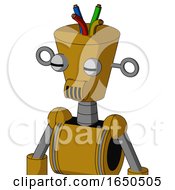 Dark Yellow Automaton With Cylinder Conic Head And Speakers Mouth And Two Eyes And Wire Hair