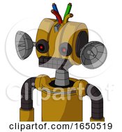 Dark Yellow Automaton With Multi Toroid Head And Keyboard Mouth And Black Glowing Red Eyes And Wire Hair