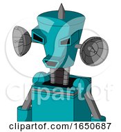Poster, Art Print Of Blue Robot With Cylinder-Conic Head And Happy Mouth And Angry Eyes And Spike Tip