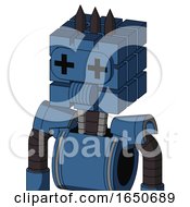 Blue Robot With Cube Head And Speakers Mouth And Plus Sign Eyes And Three Dark Spikes