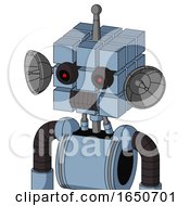 Poster, Art Print Of Blue Robot With Cube Head And Dark Tooth Mouth And Black Glowing Red Eyes And Single Antenna