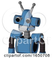 Blue Robot With Cone Head And Teeth Mouth And Two Eyes And Double Antenna