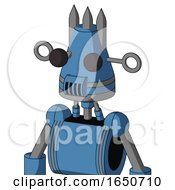 Blue Robot With Cone Head And Speakers Mouth And Two Eyes And Three Spiked