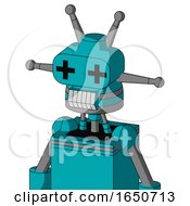 Poster, Art Print Of Blue Robot With Cone Head And Teeth Mouth And Plus Sign Eyes And Double Antenna