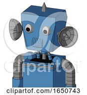 Poster, Art Print Of Blue Robot With Box Head And Speakers Mouth And Two Eyes And Spike Tip