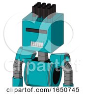 Poster, Art Print Of Blue Robot With Box Head And Teeth Mouth And Black Visor Cyclops And Pipe Hair