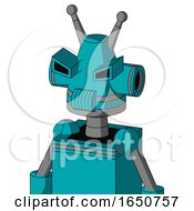 Blue Robot With Cone Head And Speakers Mouth And Angry Eyes And Double Antenna
