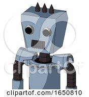 Poster, Art Print Of Blue Mech With Box Head And Dark Tooth Mouth And Two Eyes And Three Dark Spikes