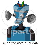 Blue Automaton With Vase Head And Round Mouth And Two Eyes And Wire Hair