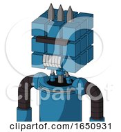 Poster, Art Print Of Blue Automaton With Cube Head And Teeth Mouth And Black Visor Cyclops And Three Spiked
