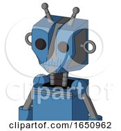 Blue Robot With Mechanical Head And Toothy Mouth And Two Eyes And Double Antenna