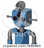 Blue Robot With Mechanical Head And Toothy Mouth And Three Eyed And Radar Dish Hat
