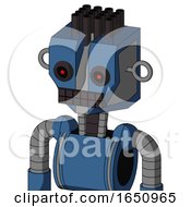 Poster, Art Print Of Blue Robot With Mechanical Head And Keyboard Mouth And Black Glowing Red Eyes And Pipe Hair