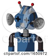 Poster, Art Print Of Blue Robot With Droid Head And Pipes Mouth And Plus Sign Eyes And Double Led Antenna