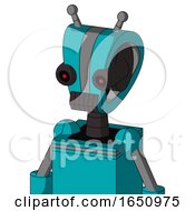 Poster, Art Print Of Blue Robot With Droid Head And Dark Tooth Mouth And Black Glowing Red Eyes And Double Antenna