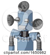 Blue Robot With Cylinder Head And Teeth Mouth And Two Eyes And Radar Dish Hat