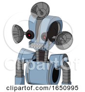 Blue Robot With Droid Head And Square Mouth And Black Glowing Red Eyes And Radar Dish Hat