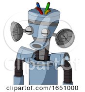 Blue Robot With Vase Head And Round Mouth And Two Eyes And Wire Hair
