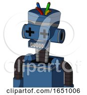 Blue Robot With Vase Head And Square Mouth And Plus Sign Eyes And Wire Hair