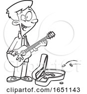 Cartoon Black And White Teen Boy Playing A Guitar On The Street